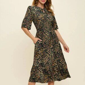 West. K Women's Large Black Daisy Floral Bethany Smocked Waist Tiered Midi Dress